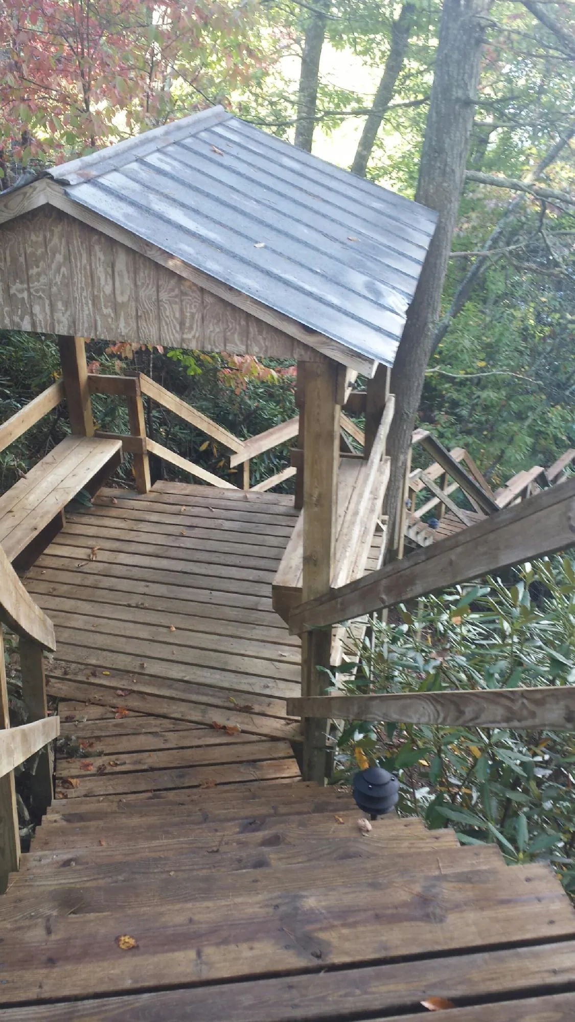 Metal roofed shelter over wooden steps on a wooded walkway — Skylight Repair & Installation work by our crew in George West